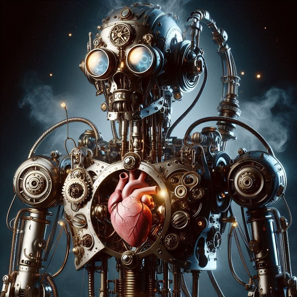 A steampunk robot with a mechanical body and a human heart.